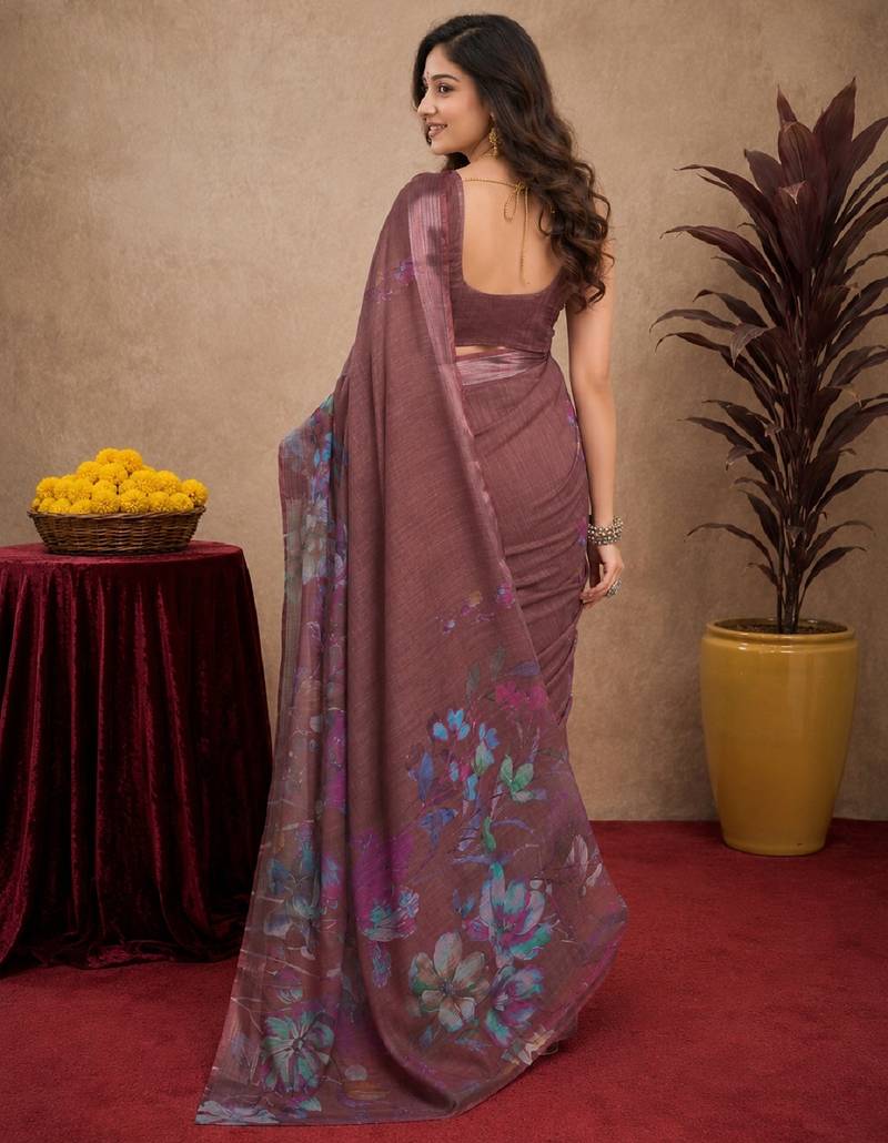 brown lilen print work 1 minute ready to wear saree with unstitched blouse piece