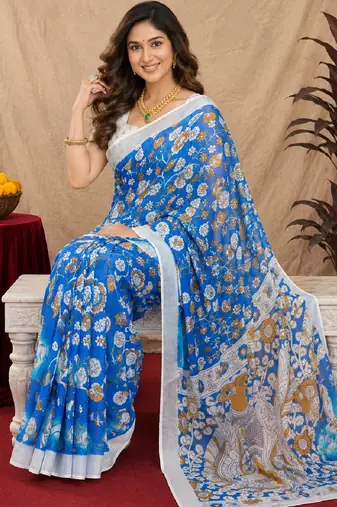 blue lilen print work 1 minute ready to wear saree with unstitched blouse piece