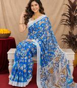 blue lilen print work 1 minute ready to wear saree with unstitched blouse piece