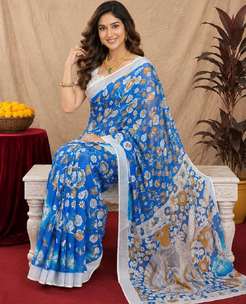 blue lilen print work 1 minute ready to wear saree with unstitched blouse piece