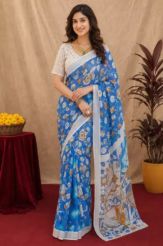 blue lilen print work 1 minute ready to wear saree with unstitched blouse piece