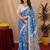 blue lilen print work 1 minute ready to wear saree with unstitched blouse piece