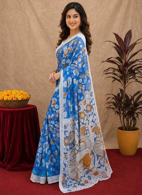 blue lilen print work 1 minute ready to wear saree with unstitched blouse piece 3