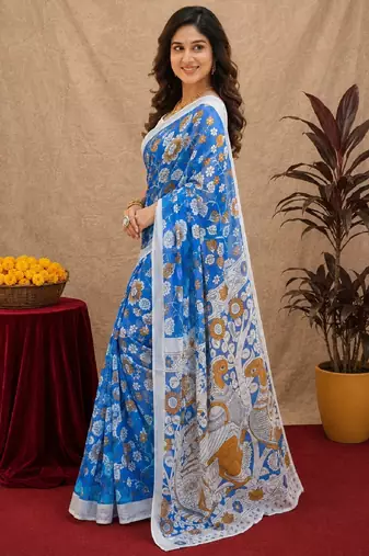 blue lilen print work 1 minute ready to wear saree with unstitched blouse piece