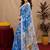 blue lilen print work 1 minute ready to wear saree with unstitched blouse piece