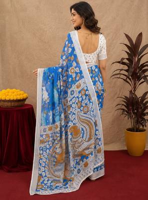 blue lilen print work 1 minute ready to wear saree with unstitched blouse piece 4