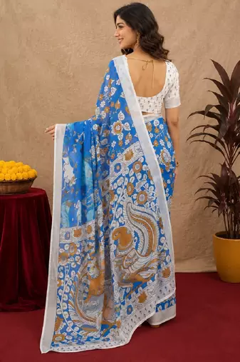 blue lilen print work 1 minute ready to wear saree with unstitched blouse piece
