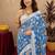 blue lilen print work 1 minute ready to wear saree with unstitched blouse piece