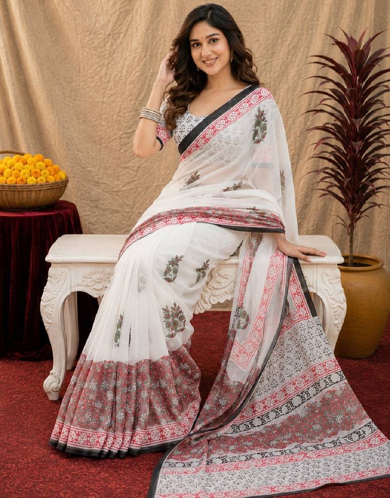 white lilen print work 1 minute ready to wear saree with unstitched blouse piece