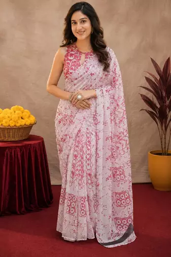 white pink lilen print work 1 minute ready to wear saree with unstitched blouse piece