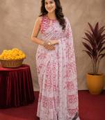 white pink lilen print work 1 minute ready to wear saree with unstitched blouse piece
