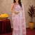 white pink lilen print work 1 minute ready to wear saree with unstitched blouse piece
