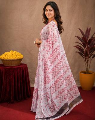 white pink lilen print work 1 minute ready to wear saree with unstitched blouse piece 2