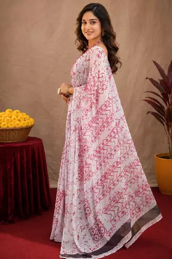 white pink lilen print work 1 minute ready to wear saree with unstitched blouse piece