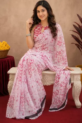 white pink lilen print work 1 minute ready to wear saree with unstitched blouse piece