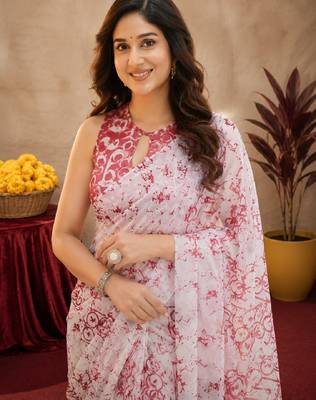 white pink lilen print work 1 minute ready to wear saree with unstitched blouse piece 5