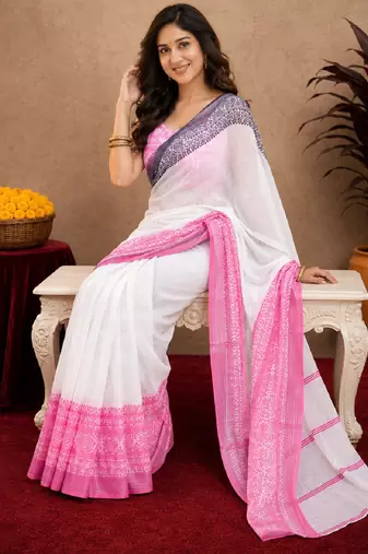 pink black lilen print work 1 minute ready to wear saree with unstitched blouse piece