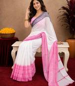 pink black lilen print work 1 minute ready to wear saree with unstitched blouse piece