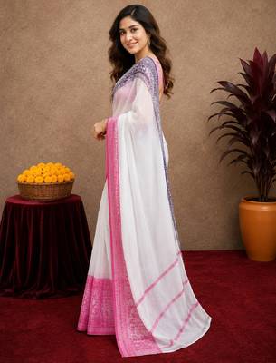 pink black lilen print work 1 minute ready to wear saree with unstitched blouse piece 3