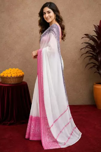 pink black lilen print work 1 minute ready to wear saree with unstitched blouse piece