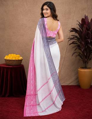 pink black lilen print work 1 minute ready to wear saree with unstitched blouse piece 4