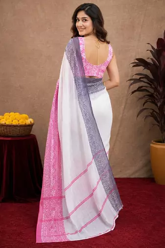 pink black lilen print work 1 minute ready to wear saree with unstitched blouse piece