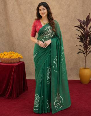 green  lilen print work 1 minute ready to wear saree with unstitched blouse piece 1