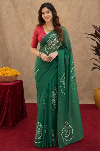 green  lilen print work 1 minute ready to wear saree with unstitched blouse piece