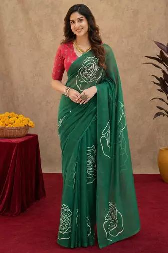 green  lilen print work 1 minute ready to wear saree with unstitched blouse piece