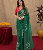 green  lilen print work 1 minute ready to wear saree with unstitched blouse piece