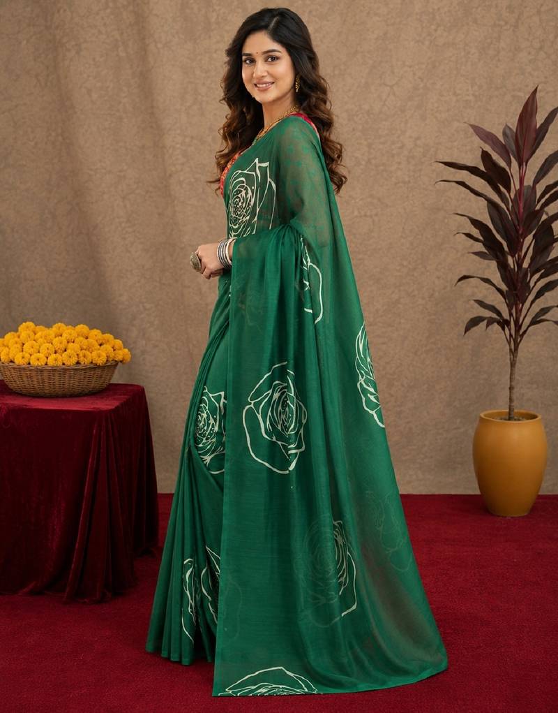 green  lilen print work 1 minute ready to wear saree with unstitched blouse piece