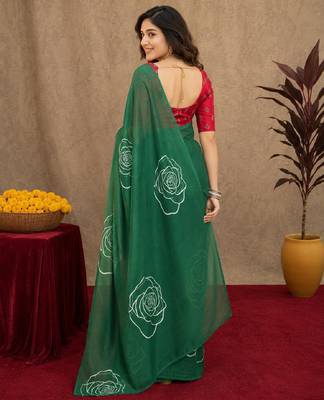 green  lilen print work 1 minute ready to wear saree with unstitched blouse piece 3