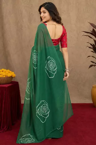 green  lilen print work 1 minute ready to wear saree with unstitched blouse piece