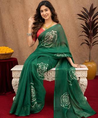 green  lilen print work 1 minute ready to wear saree with unstitched blouse piece 4