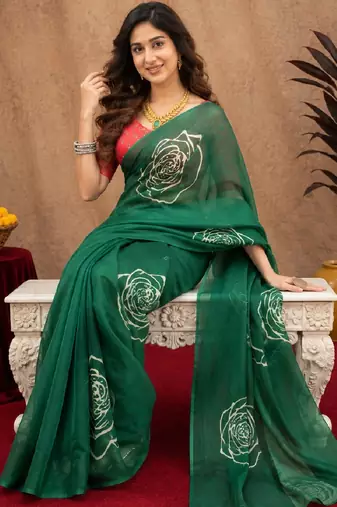 green  lilen print work 1 minute ready to wear saree with unstitched blouse piece