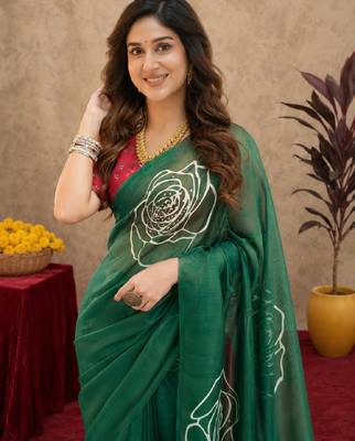 green  lilen print work 1 minute ready to wear saree with unstitched blouse piece 5