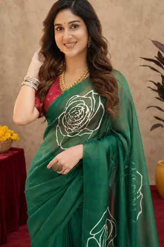 green  lilen print work 1 minute ready to wear saree with unstitched blouse piece
