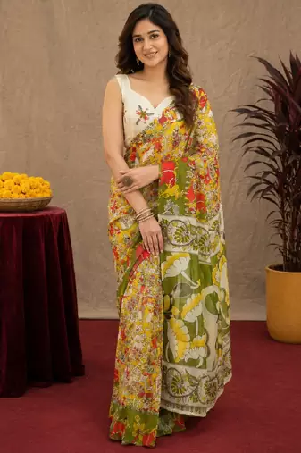 multy color lilen print work 1 minute ready to wear saree with unstitched blouse piece