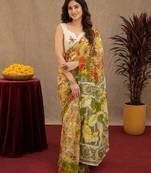 multy color lilen print work 1 minute ready to wear saree with unstitched blouse piece