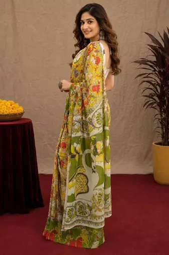 multy color lilen print work 1 minute ready to wear saree with unstitched blouse piece