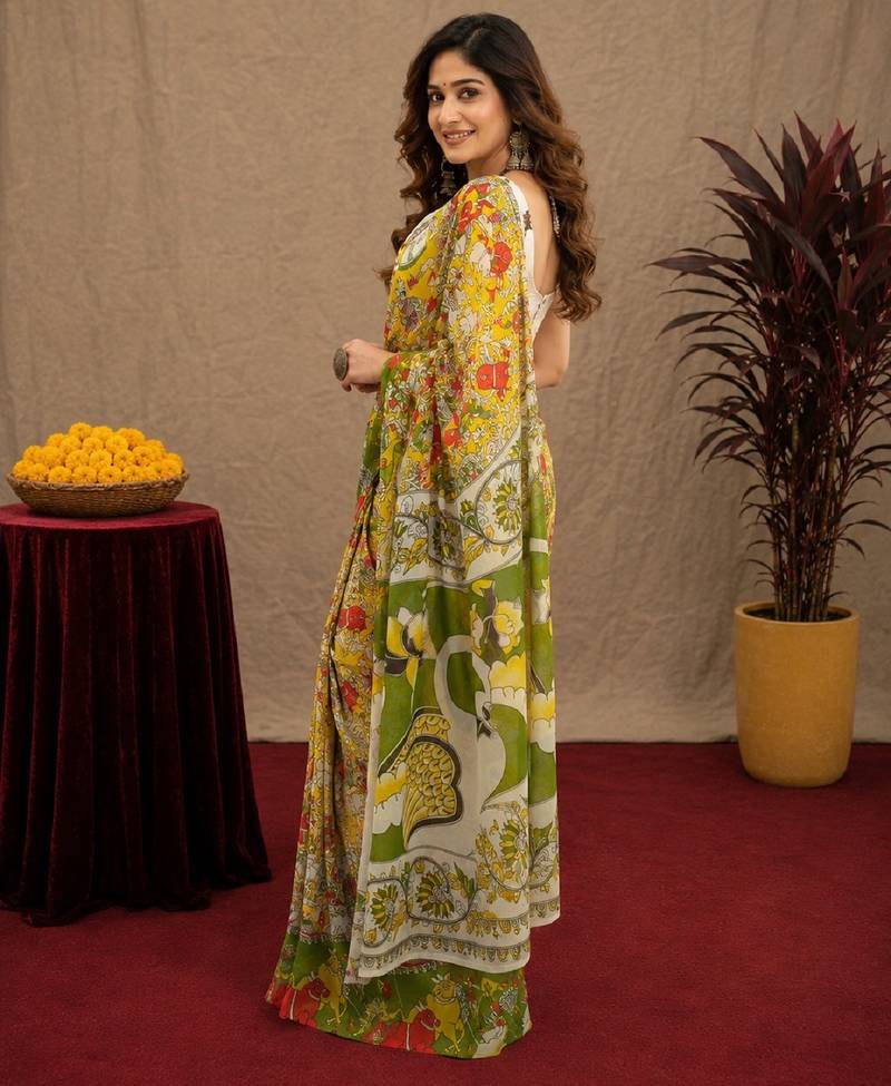 multy color lilen print work 1 minute ready to wear saree with unstitched blouse piece