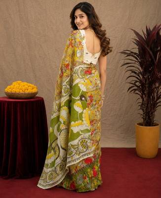 multy color lilen print work 1 minute ready to wear saree with unstitched blouse piece 3