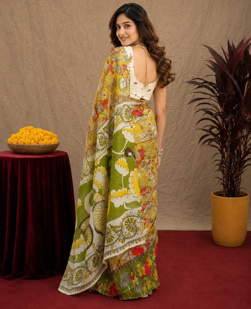 multy color lilen print work 1 minute ready to wear saree with unstitched blouse piece