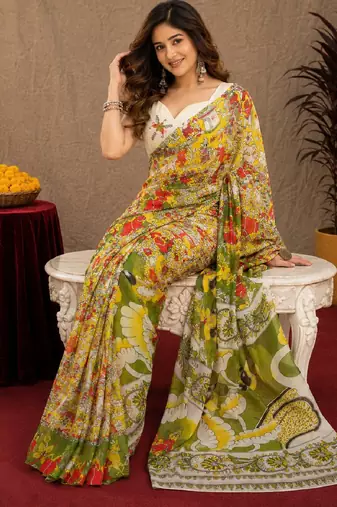 multy color lilen print work 1 minute ready to wear saree with unstitched blouse piece