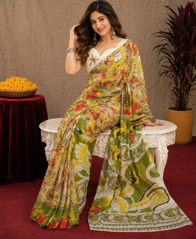 multy color lilen print work 1 minute ready to wear saree with unstitched blouse piece