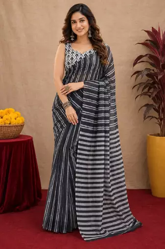 black lilen print work 1 minute ready to wear saree with unstitched blouse piece