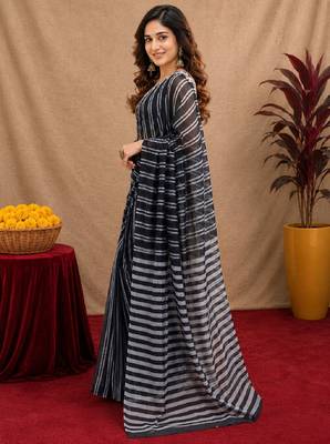 black lilen print work 1 minute ready to wear saree with unstitched blouse piece 2