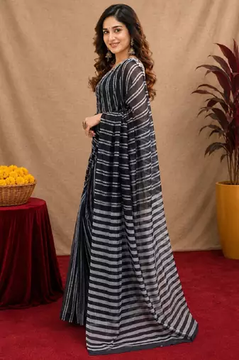 black lilen print work 1 minute ready to wear saree with unstitched blouse piece