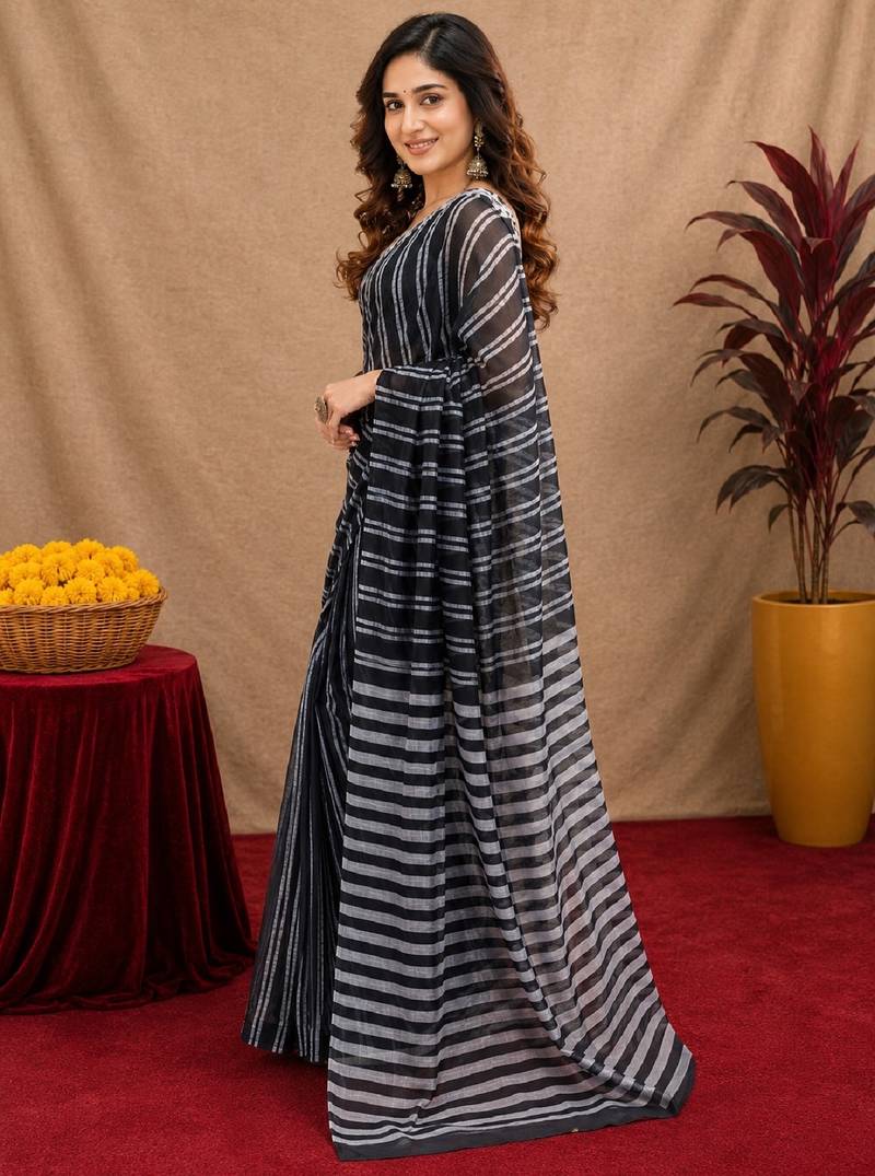 black lilen print work 1 minute ready to wear saree with unstitched blouse piece