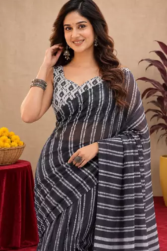 black lilen print work 1 minute ready to wear saree with unstitched blouse piece